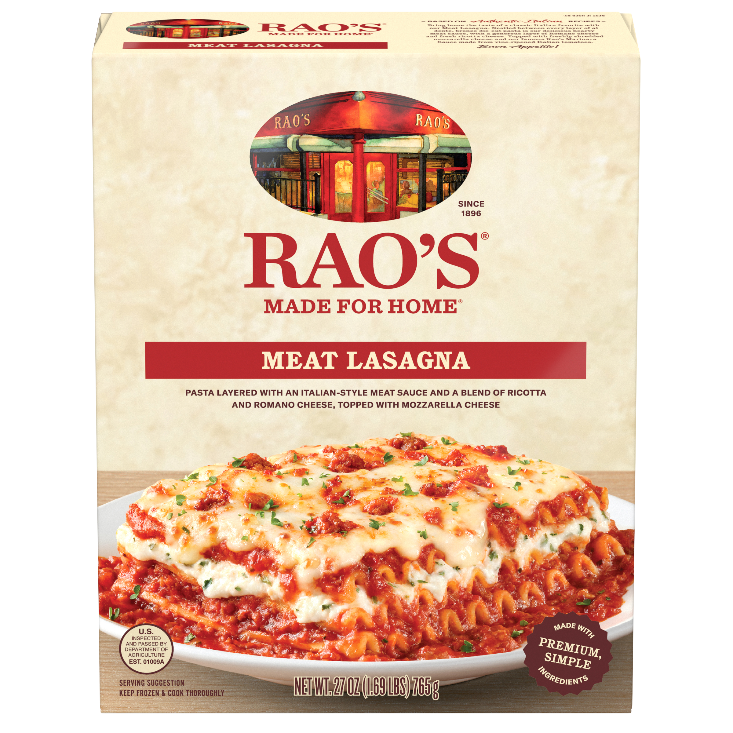 Meat Lasagna Frozen Meal, 27 oz - Back Image