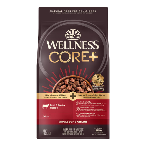Wellness CORE+ Wholesome Grains Beef & Barley Front packaging