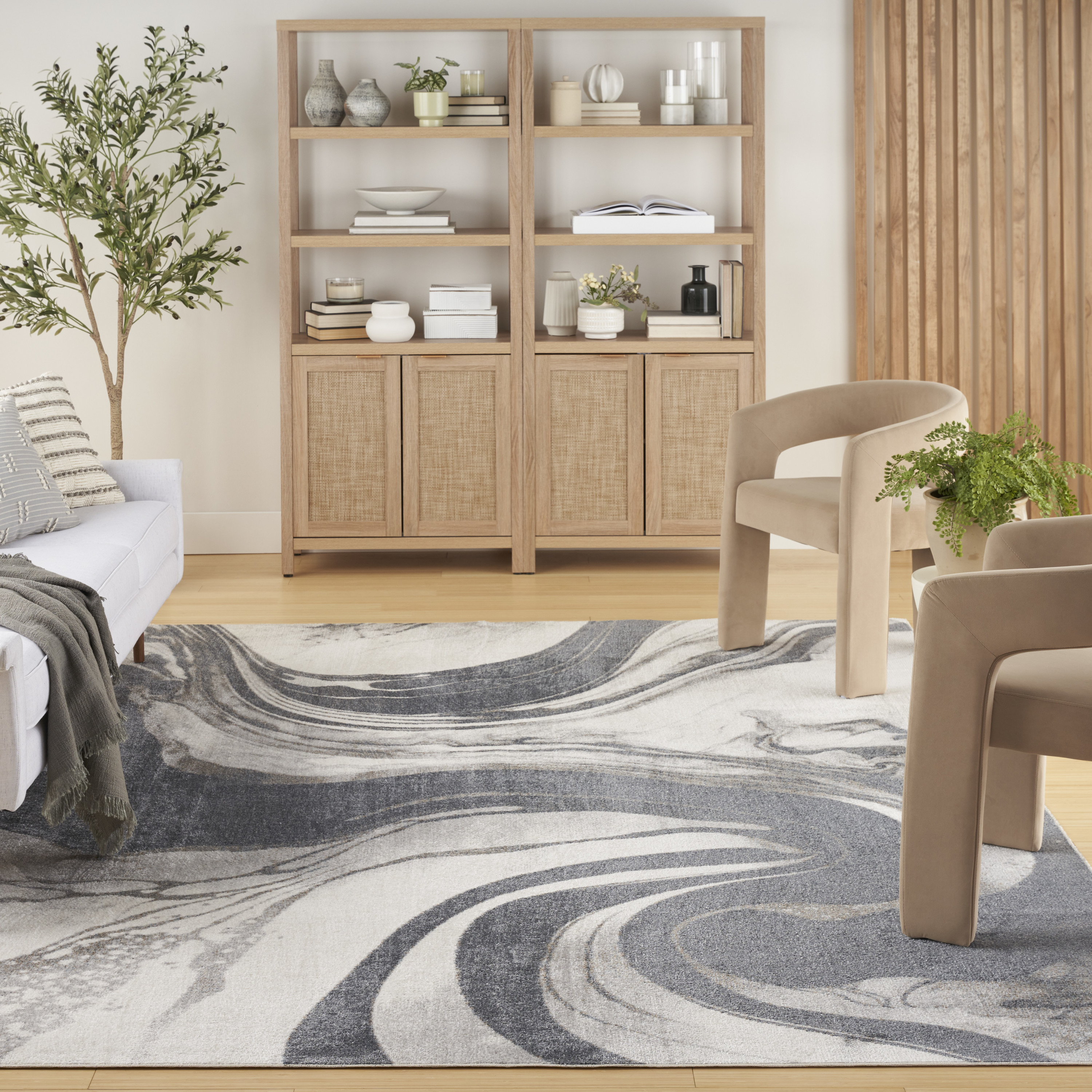 Nourison Astra Machine Washable 6'7" x 9' Ivory Grey Modern Indoor Rug