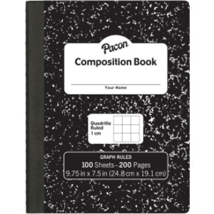 Composition Book, Black Marble, 1 cm Quadrille Ruled 9-3/4" x 7-1/2", 100 Sheets