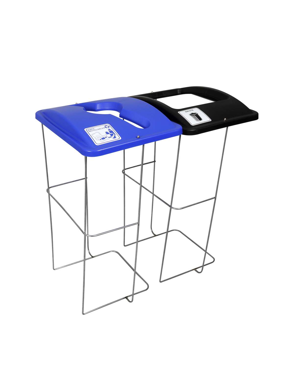 Two Busch Systems Wire Event Containers side by side with blue mixed recyclables lid and black open lid for waste