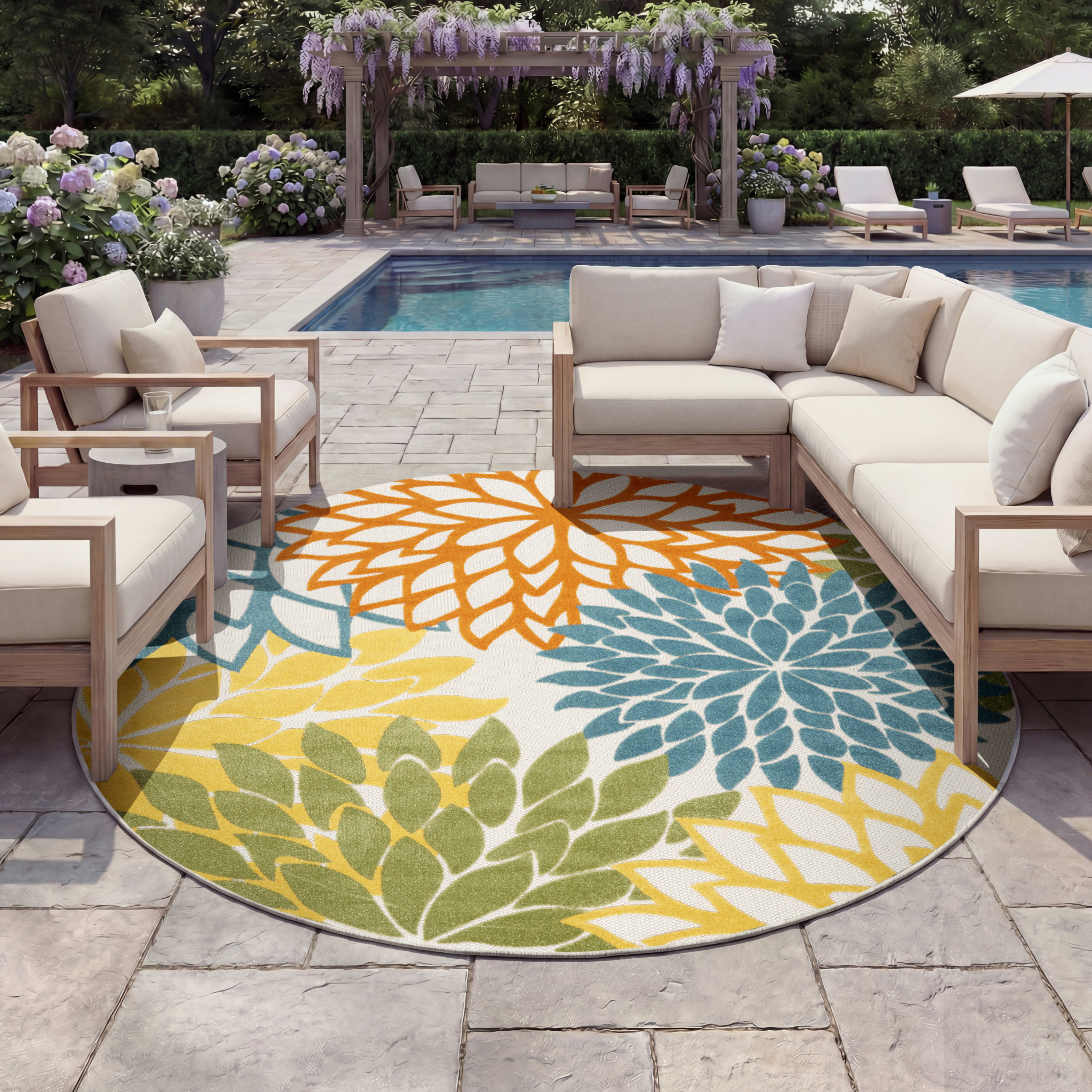 Nourison Aloha 7'10" x Round Turquoise Multicolor Tropical Rug