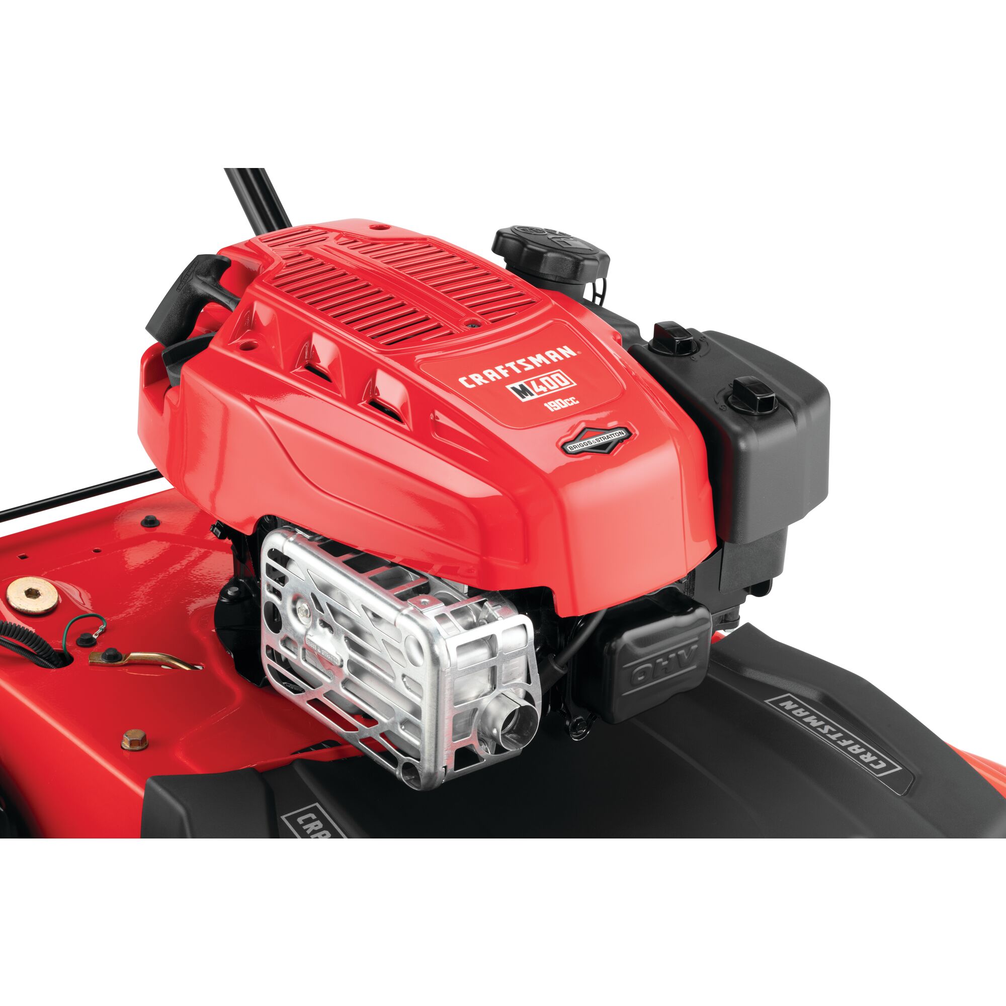 Powerful motor feature of 28 inch 190 c c r w d self propelled mower.