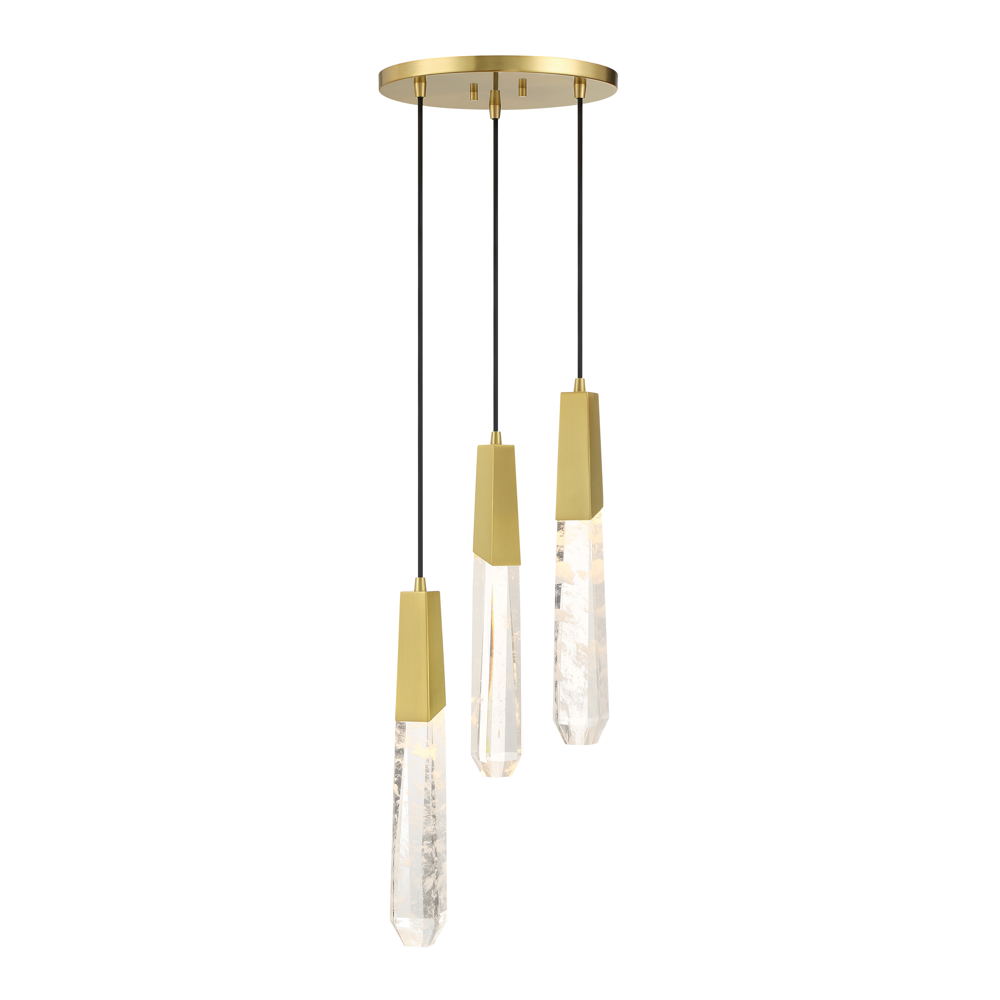 The Drifting Droplets pendant combines organic crystal elements with contemporary brushed brass for a sophisticated look. Its compact 11.6-inch width makes it perfect for smaller spaces while the faux rock crystal shades create beautiful light diffusion. - alternate view
