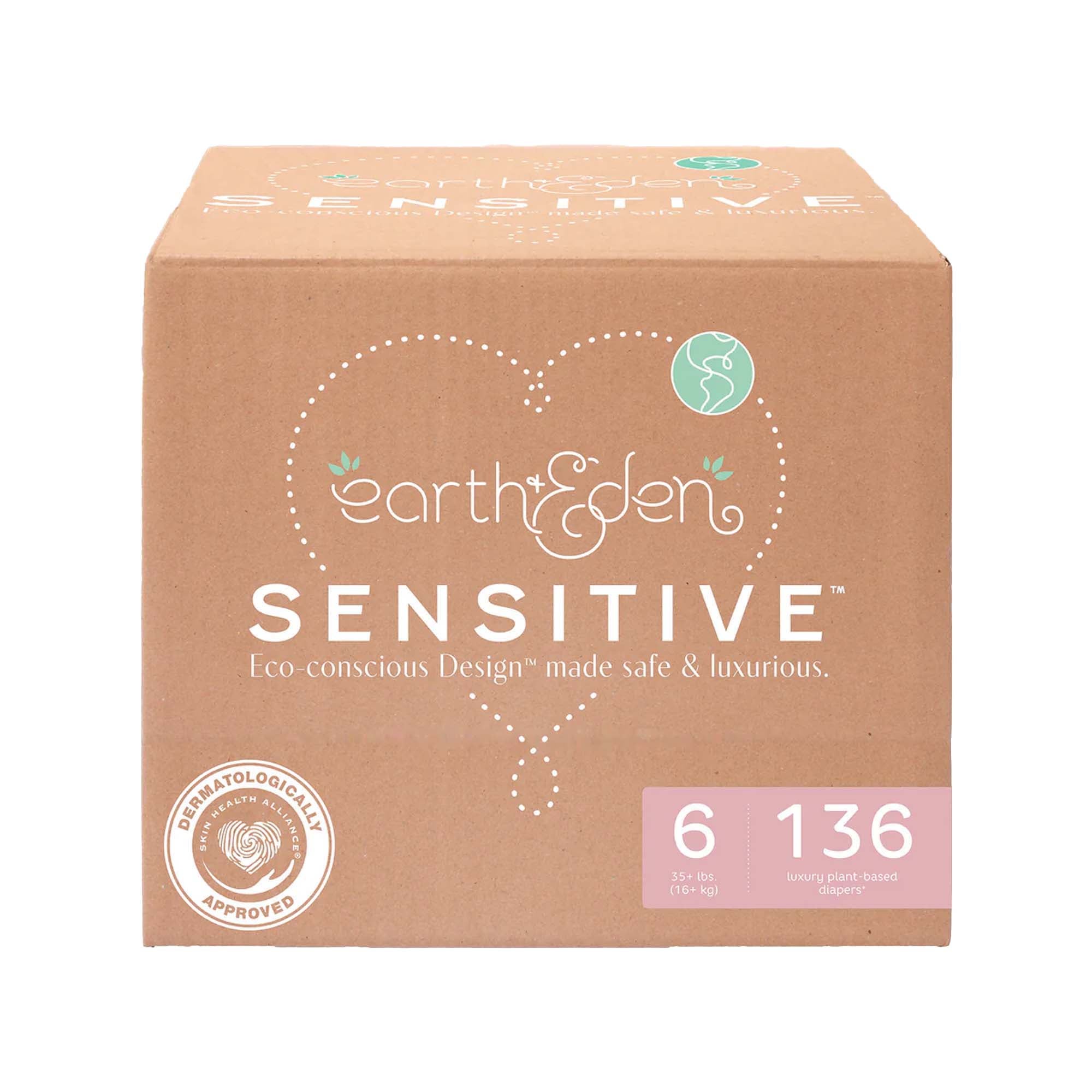 Earth & Eden Sensitive Baby Diapers, Size 6 for Babies Weighing 35 lbs. or More