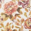 Watercolor floral pattern: oversized roses and leaves painted with loose washes, printed across a white background; close-up view suggesting wallpaper or fabric in warm autumnal tones.