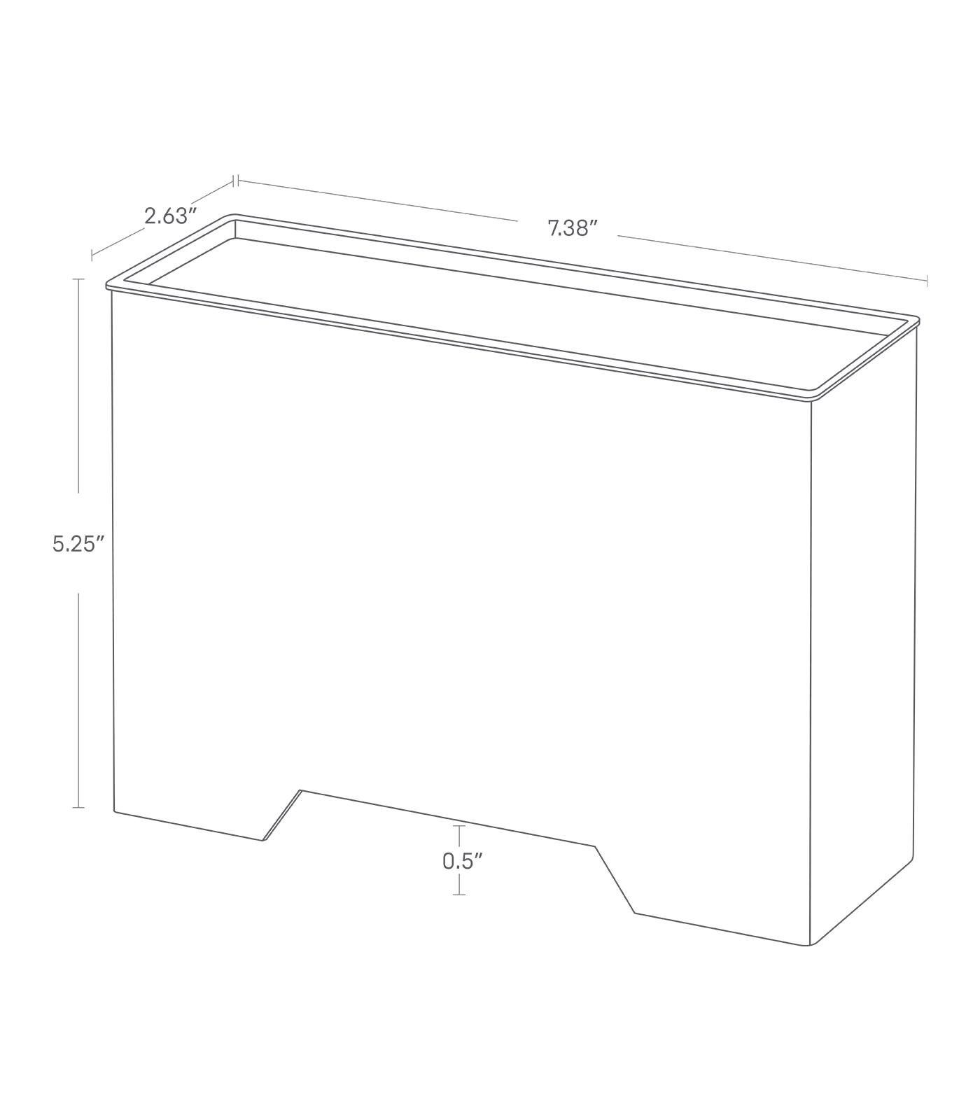 Image dimensionnelle du distributeur de masques magnétiques montrant une hauteur de 5,25 ", une longueur de 2,63 ", une largeur de 7,38 ", une hauteur d