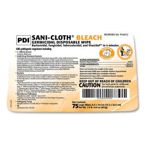 NPAP54072, PDI,  Sani-Cloth Bleach Germicidal Disposable Wipes, Deep-Well Lid Canister,  75 Wipes/Container