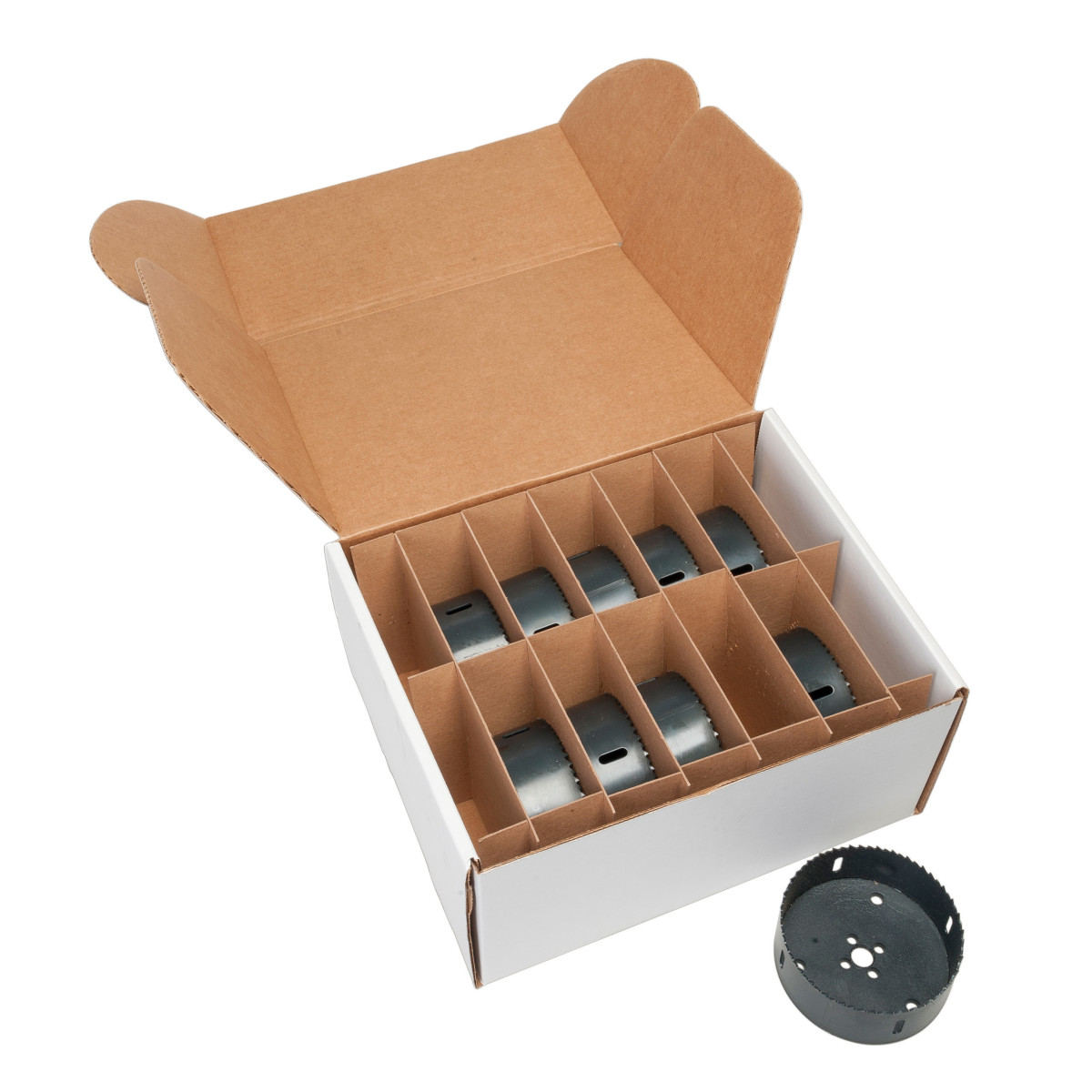 Bi-metal Hole Saw.  3-1/2" actual hole size.  Cut through steel, tin, aluminum, fiberglass, wood and plastic.  Deep 1-5/8" (41.3 mm) cutting depth allows for cutting through 2" x 4" wood studs.  Extra-tough bi-metal blade.  We use the highest grade of tool steel to outlast competitor's blades, that beats premature saw replacement and saves you money.  Steam oxide finish, no paint to gum up and slow cutting.  The saw runs cooler for longer life and better performance.  Extra-thick backplate minimizes vibration for smoother, easier, less tiring cutting.  Standard pack of 10.  Made in USA.