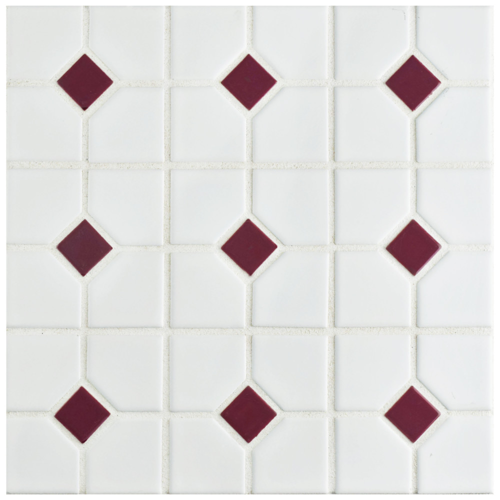 Oxford Matte White w/ Maroon Dot 11-3/8 in. x 11-3/8 in. Porcelain Mosaic Tile
