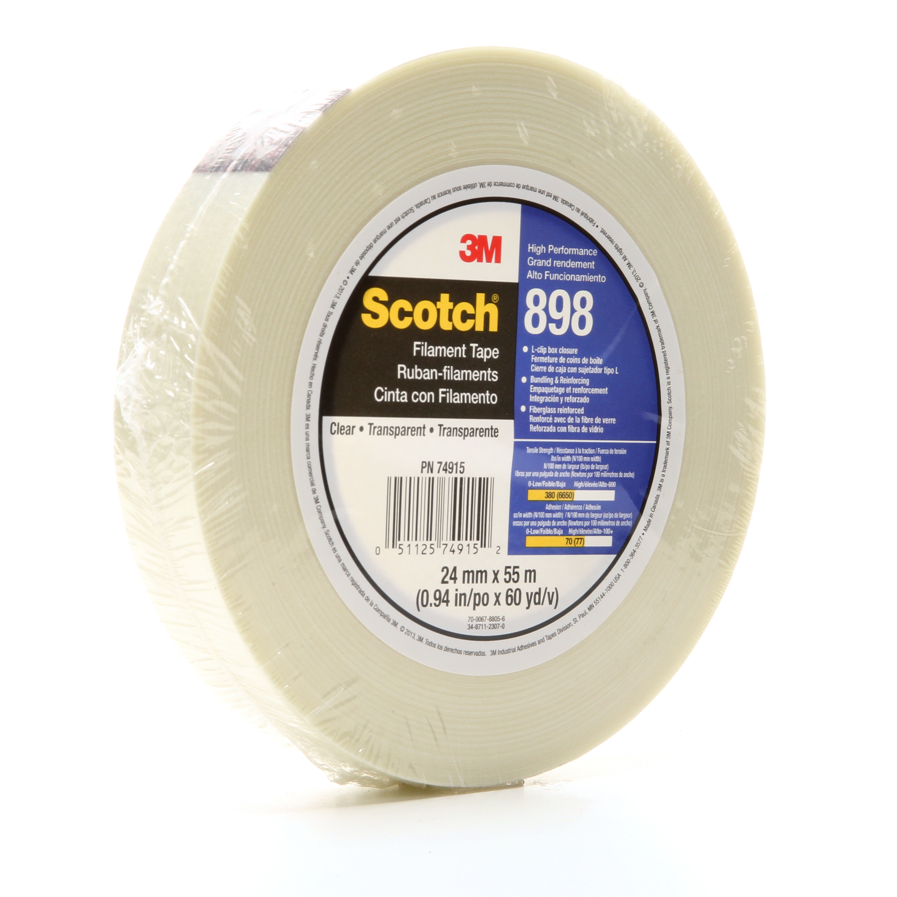 Scotch® Filament Tape 898, Clear, 24 mm x 330 m, 6.6 mil, 6 rolls per
case