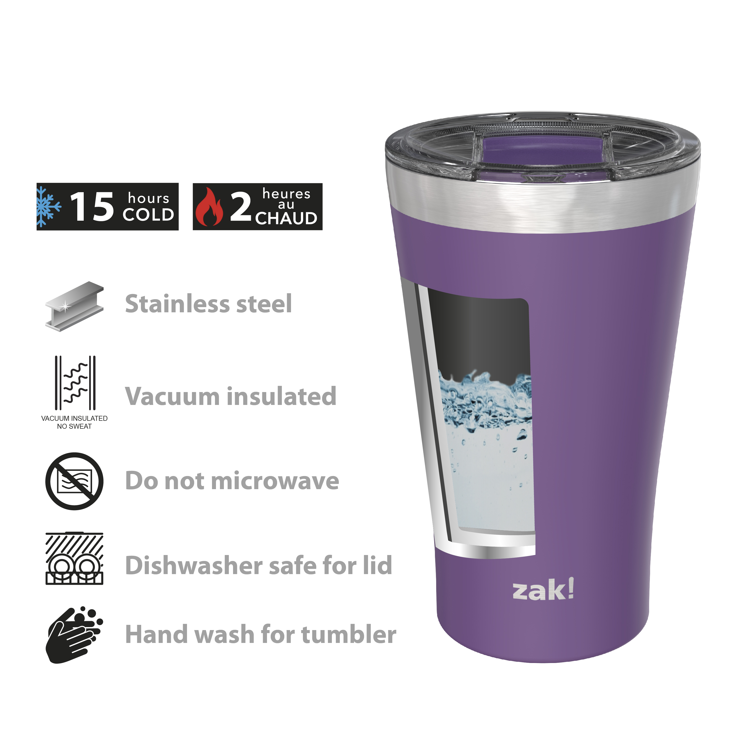 Zak Hydration 20 ounce Reusable Vacuum Insulated Stainless Steel Tumbler with Straw, Viola slideshow image 5 Zak Hydration 20 ounce Reusable Vacuum Insulated Stainless Steel Tumbler with Straw, Viola slideshow image 5