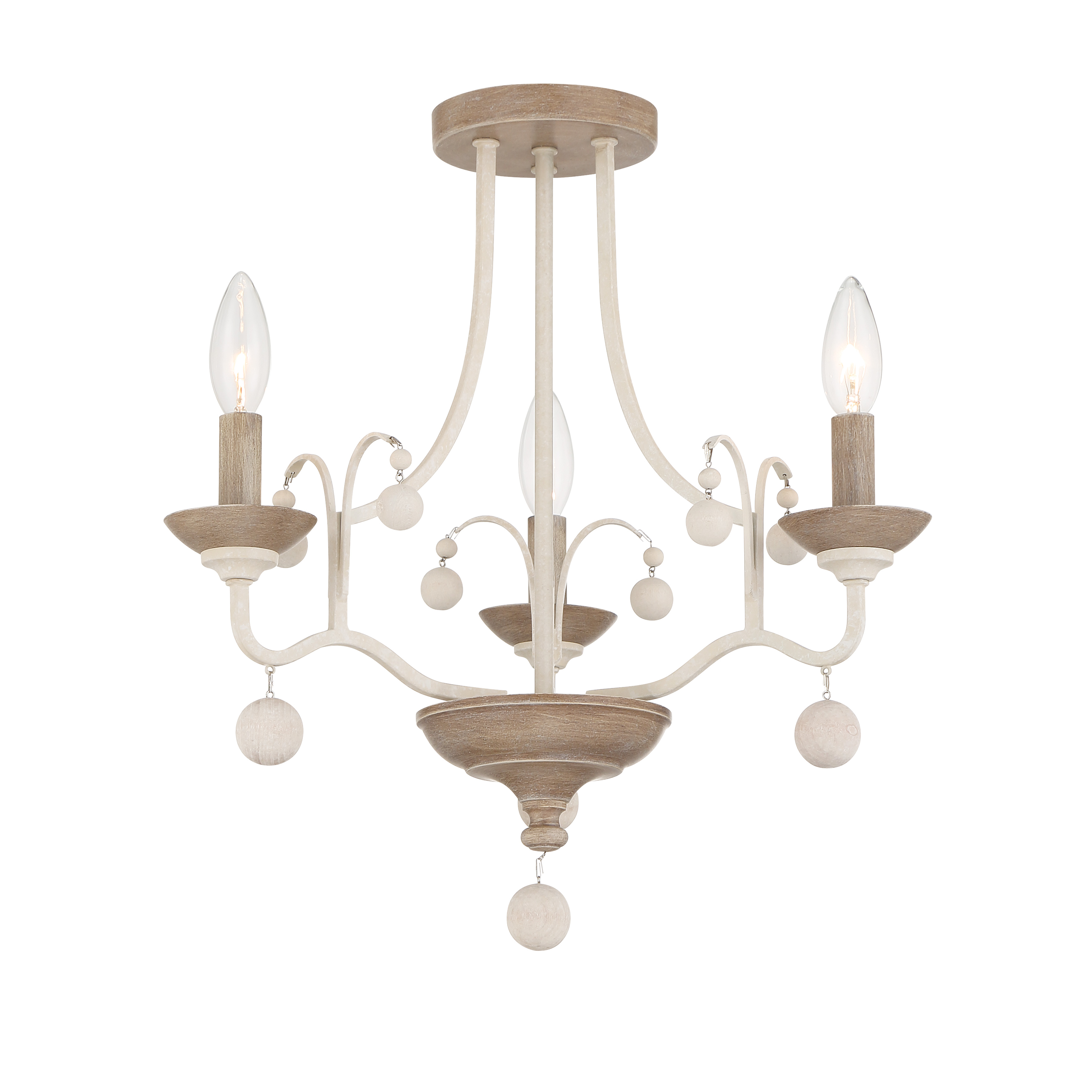 The Colonial Charm semi-flush mount brings farmhouse elegance to compact spaces with its white-washed wood and steel construction. Perfect for rooms with lower ceilings, this 3-light fixture offers dimmable functionality and coastal charm. - alternate view