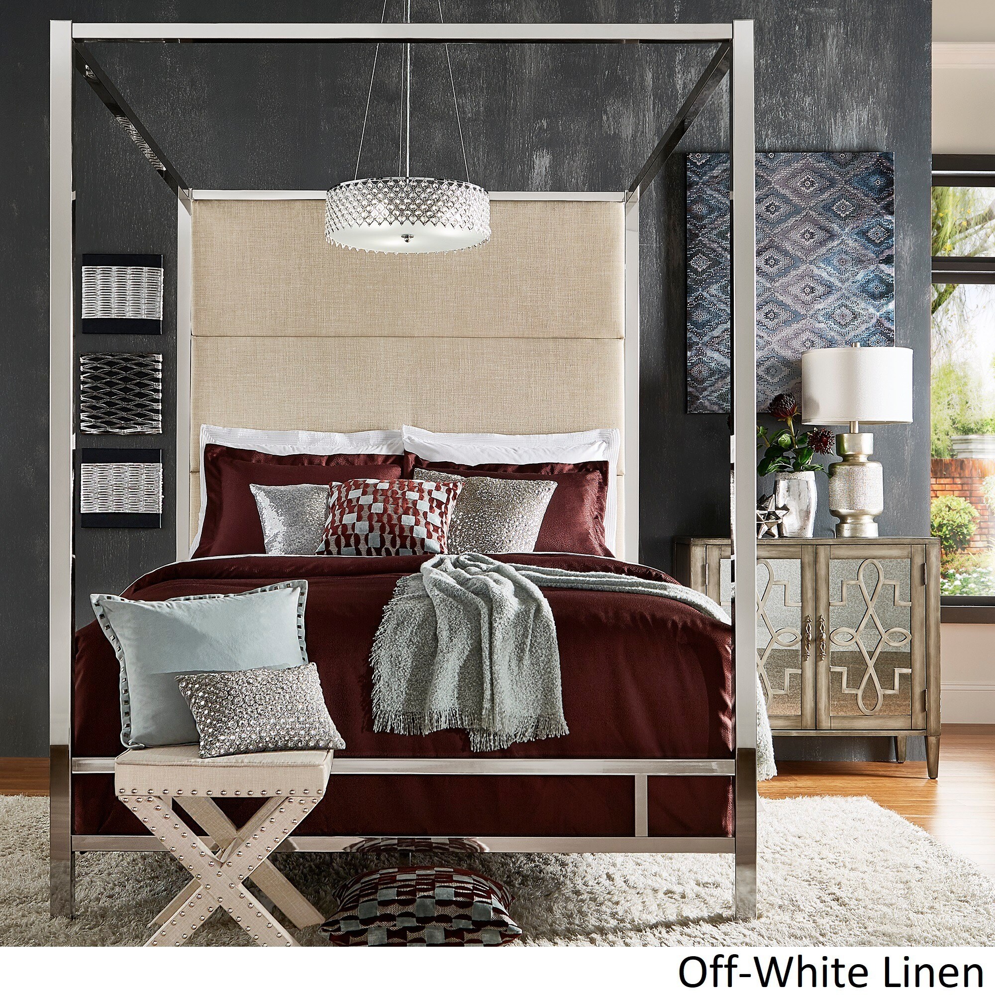 Metal Canopy Bed with Linen Panel Headboard