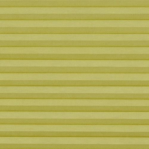 Pale yellow cellular (honeycomb) pleated blind, mounted and fully closed with evenly spaced horizontal cells; filtering and diffusing light, covering a window in an interior with soft, even lighting.