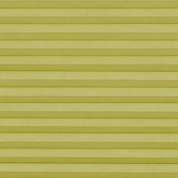 Pale yellow cellular (honeycomb) pleated blind, mounted and fully closed with evenly spaced horizontal cells; filtering and diffusing light, covering a window in an interior with soft, even lighting.