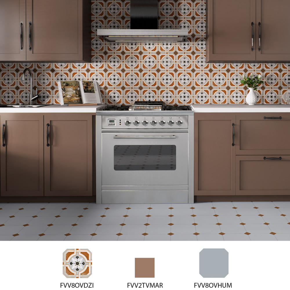 Vaudeville Octagon Humo with Taco Marron 7-7/8 in. x 7-7/8 in. Porcelain Floor and Wall Tile