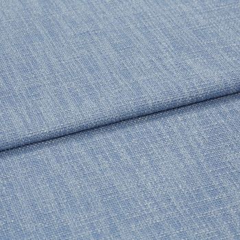 Blue woven upholstery fabric folded across the frame, showing a horizontal overlap and nubby textured weave; close-up shot with soft, even studio lighting and no background details.