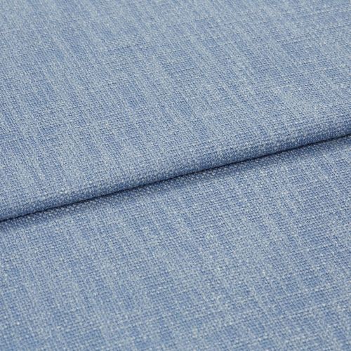 Blue woven upholstery fabric folded across the frame, showing a horizontal overlap and nubby textured weave; close-up shot with soft, even studio lighting and no background details.