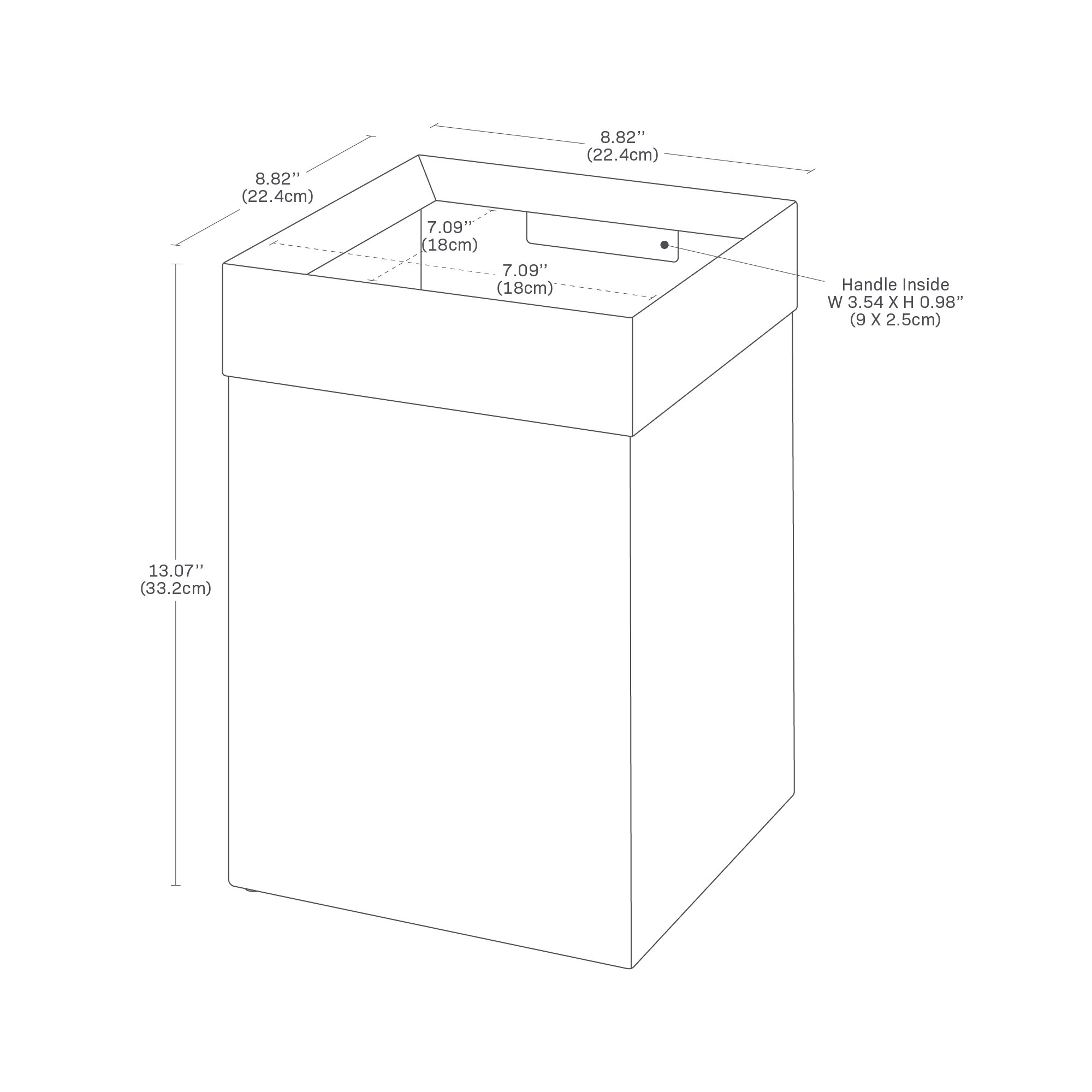 Detailed dimensions image of the trash can featuring the dimensions 8.82 x 8.82 x 13.07 inches