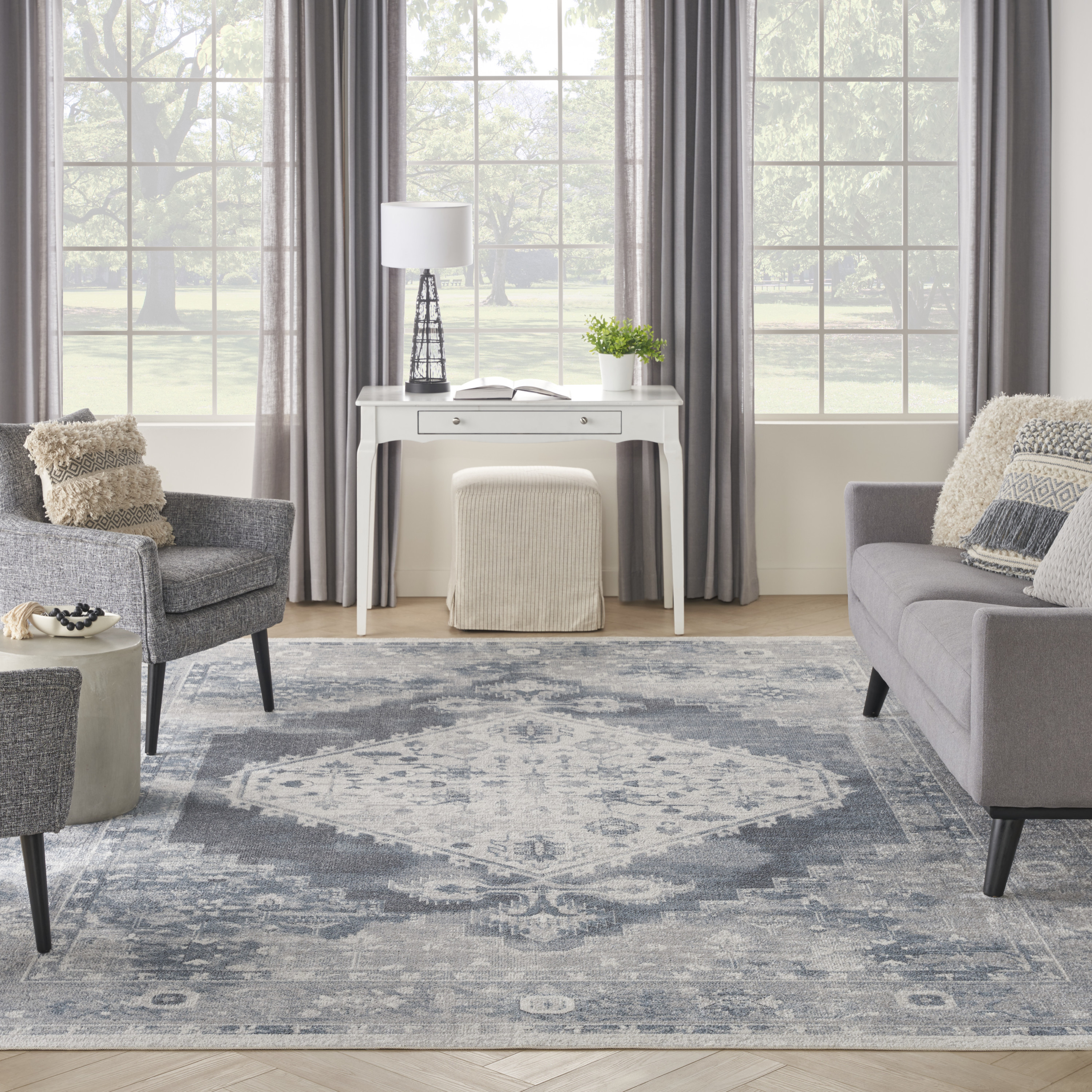 Nourison Astra Machine Washable 10' x 14' Blue Ivory Vintage Indoor Rug