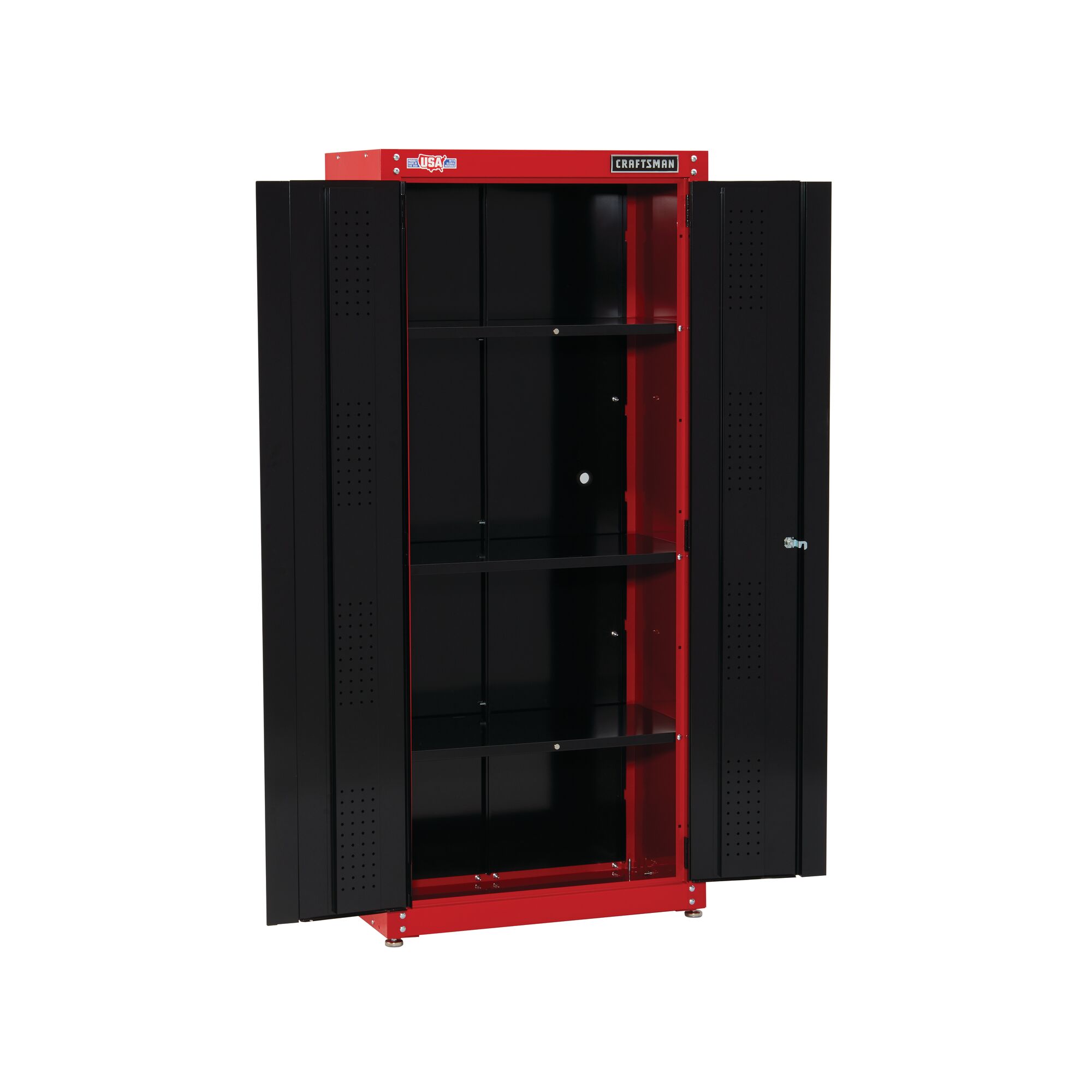 Profile of 32 inch Wide freestanding tall garage storage cabinet doors opened.