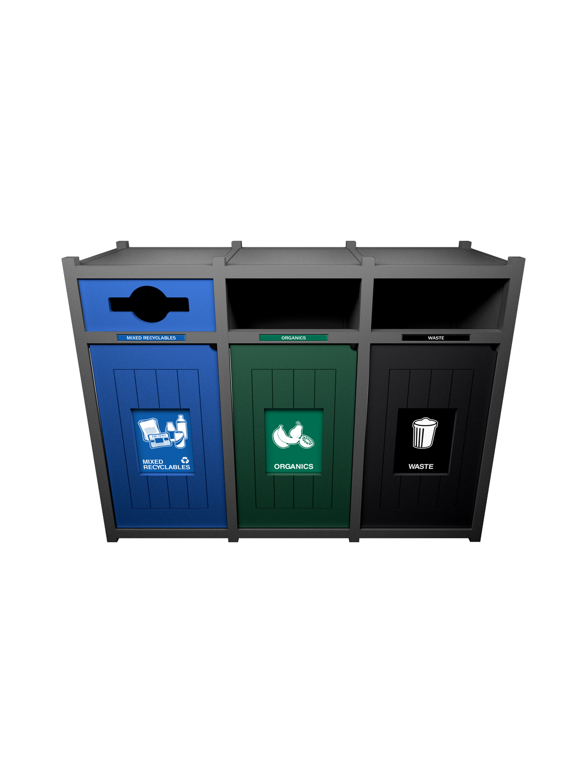 VISION – Triple – Unit – Mixed Recyclables-Organics-Waste – Mixed-Full-Full – Grey-Blue-Green-Black