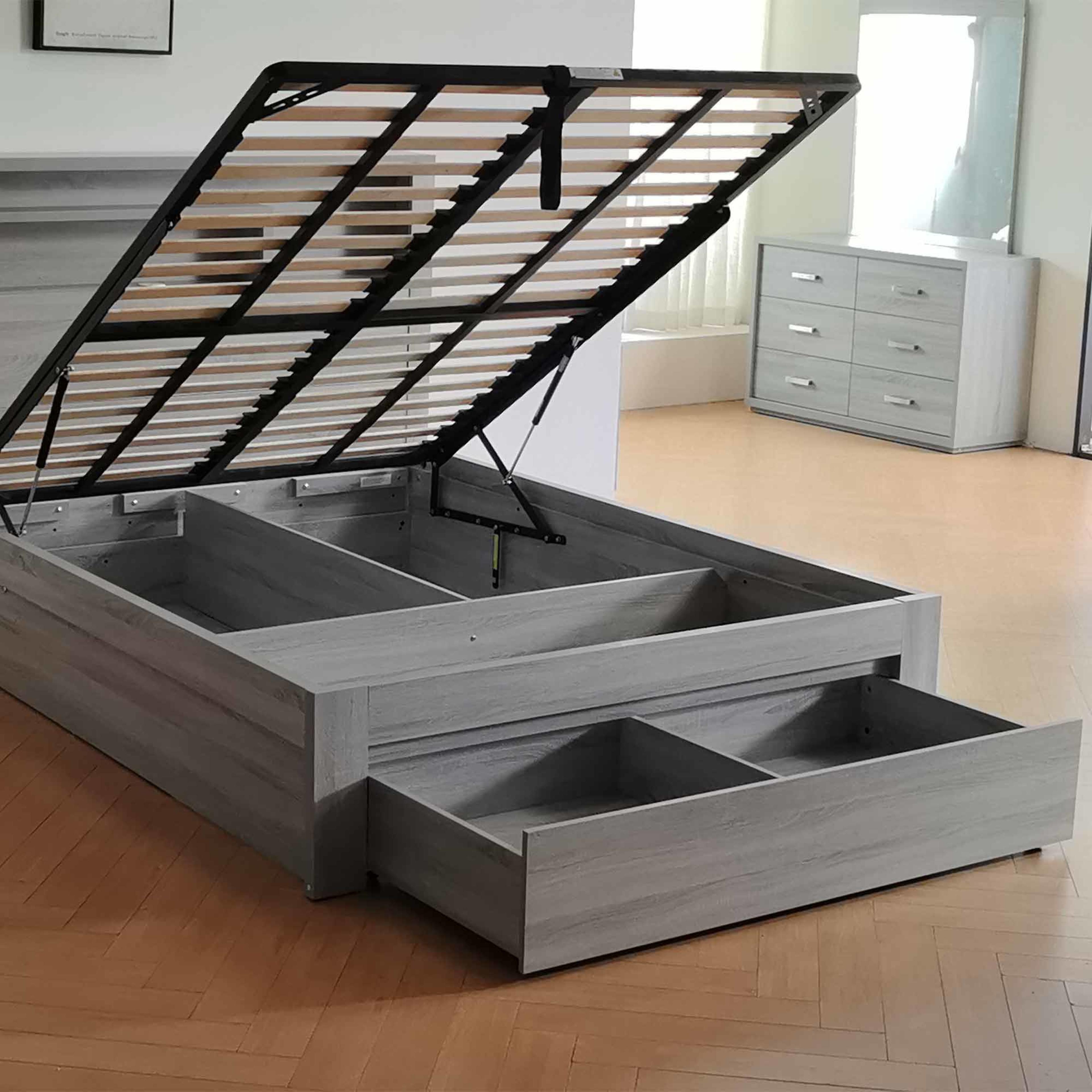 Lifestyle image of the  Bellevue Bed Frame, Front Slat Gas Lift & End Drawer Base, Cement Grey from Forty Winks