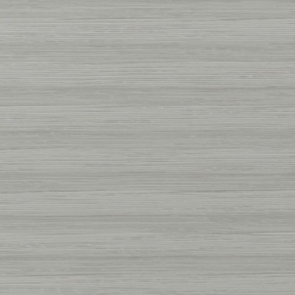 Gray fabric window shade with fine horizontal striations, closed, softly diffusing light in a neutral, softly lit interior close-up.