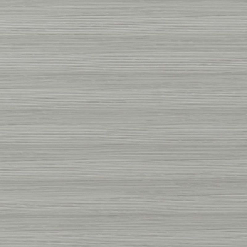 Gray fabric window shade with fine horizontal striations, closed, softly diffusing light in a neutral, softly lit interior close-up.
