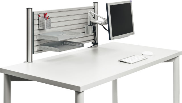 Maximizes desk space and keeps technology within reach.