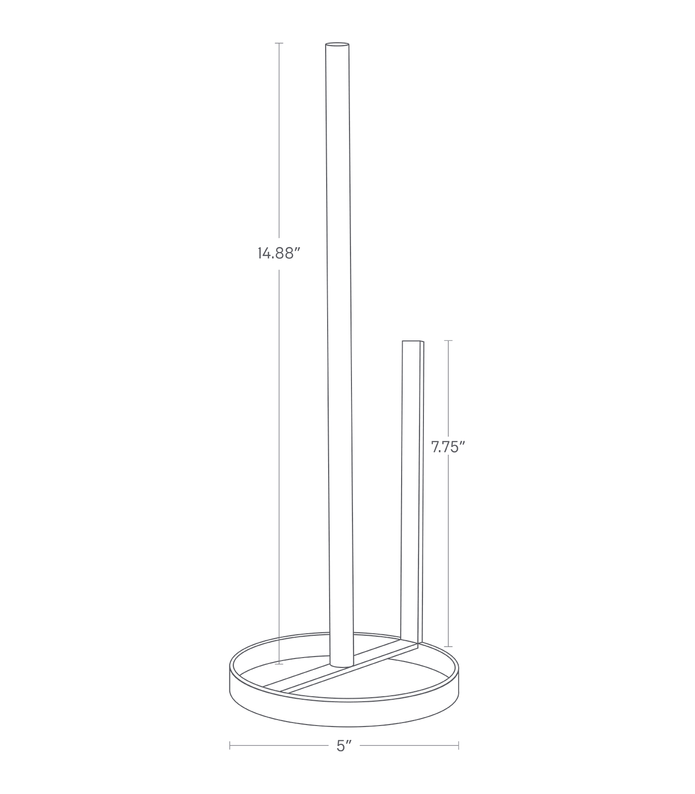Image dimensionnelle du support de papier toilette avec une largeur de base de 5", une hauteur de poteau central de 14,88" et une hauteur de barre de support de 7,75".