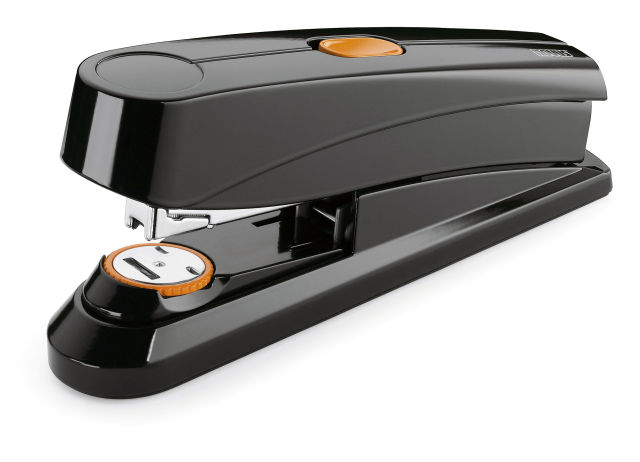 Power-on-demand flat clinch stapler that requires 70% less effort to staple 50 sheets.