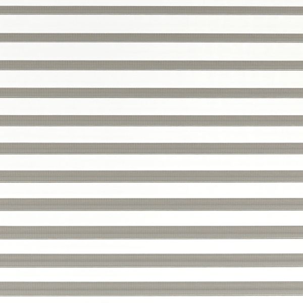 Horizontal zebra-style roller blind with alternating opaque gray and sheer white bands covering the window; bands aligned and closed, filtering diffuse daylight into a bright, neutral interior.