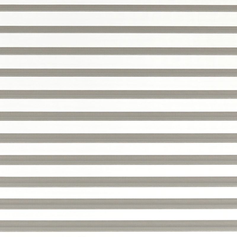Horizontal zebra-style roller blind with alternating opaque gray and sheer white bands covering the window; bands aligned and closed, filtering diffuse daylight into a bright, neutral interior.