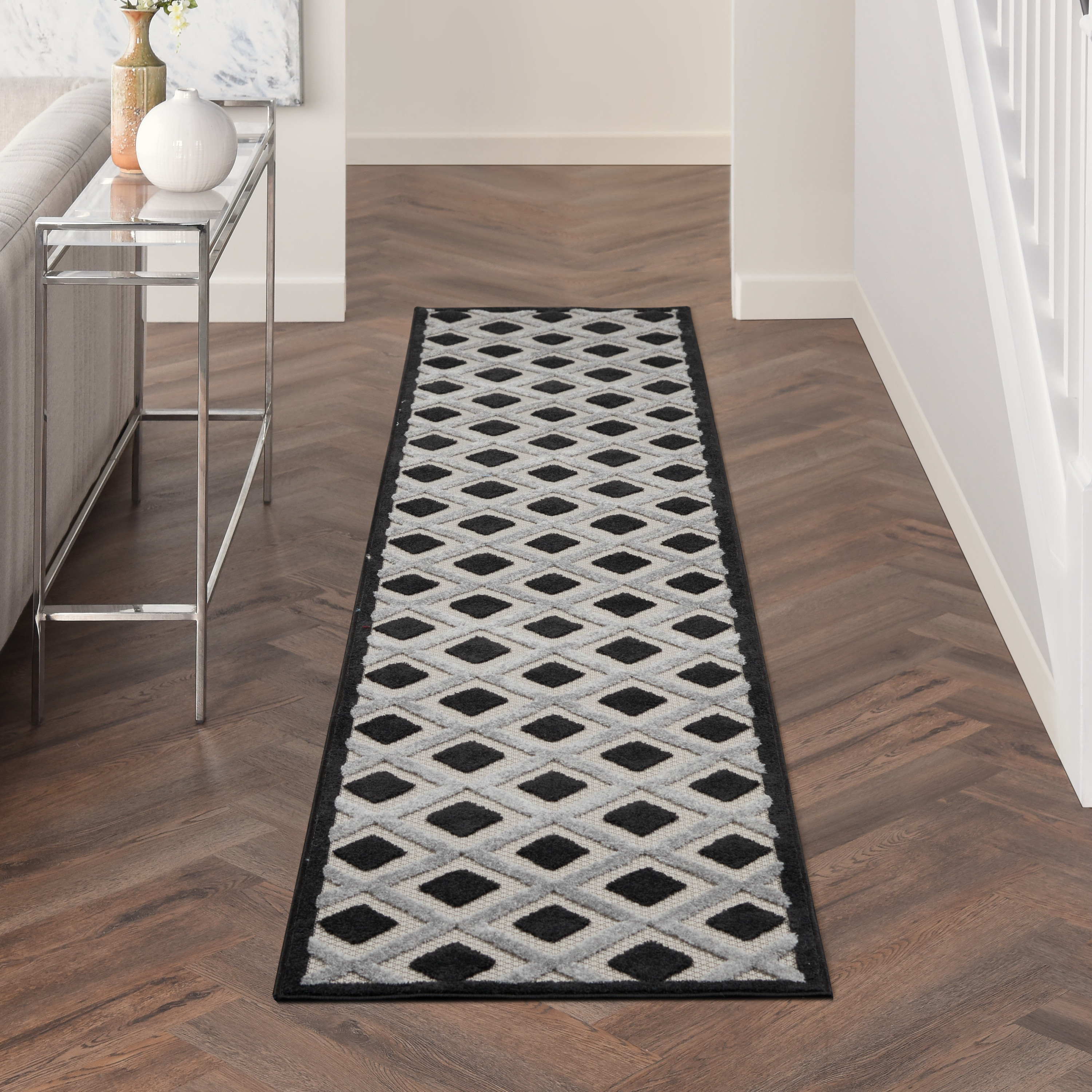 Nourison Aloha 2'3" x 12' Black White Modern Rug