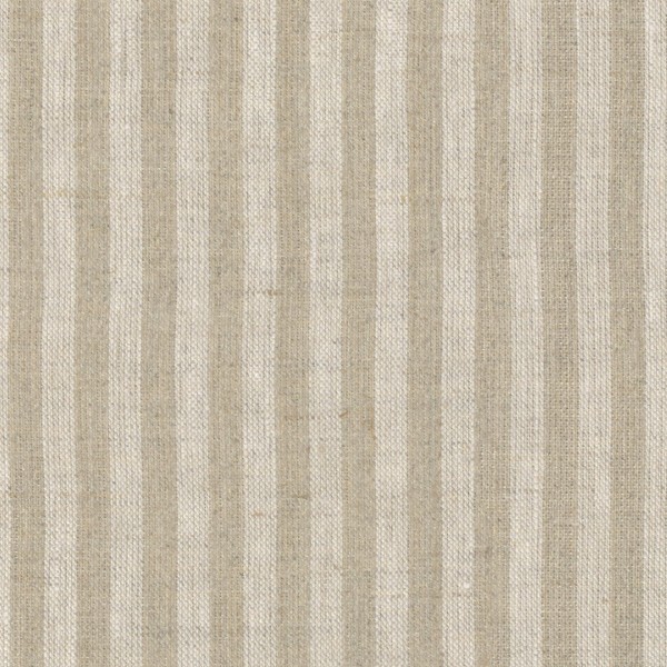 Striped linen fabric displays alternating vertical beige and cream narrow stripes, lying flat with visible woven texture and subtle irregular flecks, evoking upholstery or wallpaper material.