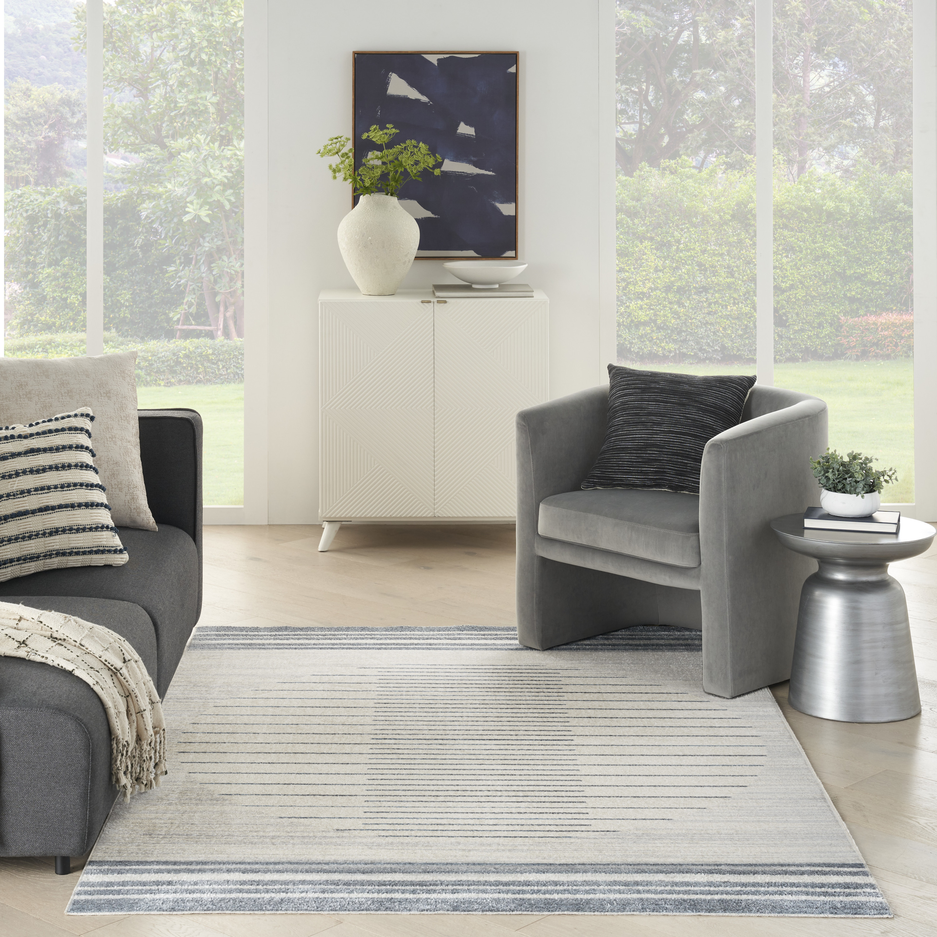 Nourison Astra Machine Washable 5'3" x 7' Ivory Blue Mid-Century Modern Indoor Rug