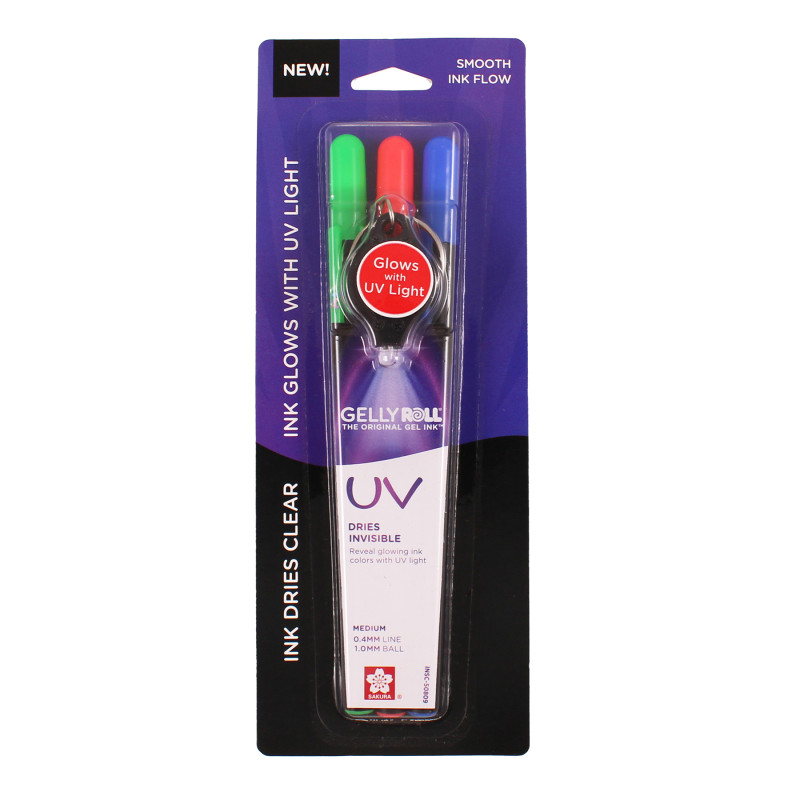 UV Gel Pens, Medium Point, Assorted Colors, 3-Piece Set with UV light, Blister Card