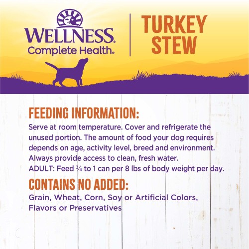 <p>Amount of food required will depend on activity, age, environment and breed. Feed at room temperature and refrigerate unused portion. Always provide access to clean, fresh water.  </p>
<p>Adult: Feed ¾ can per 8 lbs of body weight per day<br />
Combination Feeding: If feeding with Wellness dry food, reduce dry amount fed by 1/2 cup for every 6 oz of wet food.</p>
