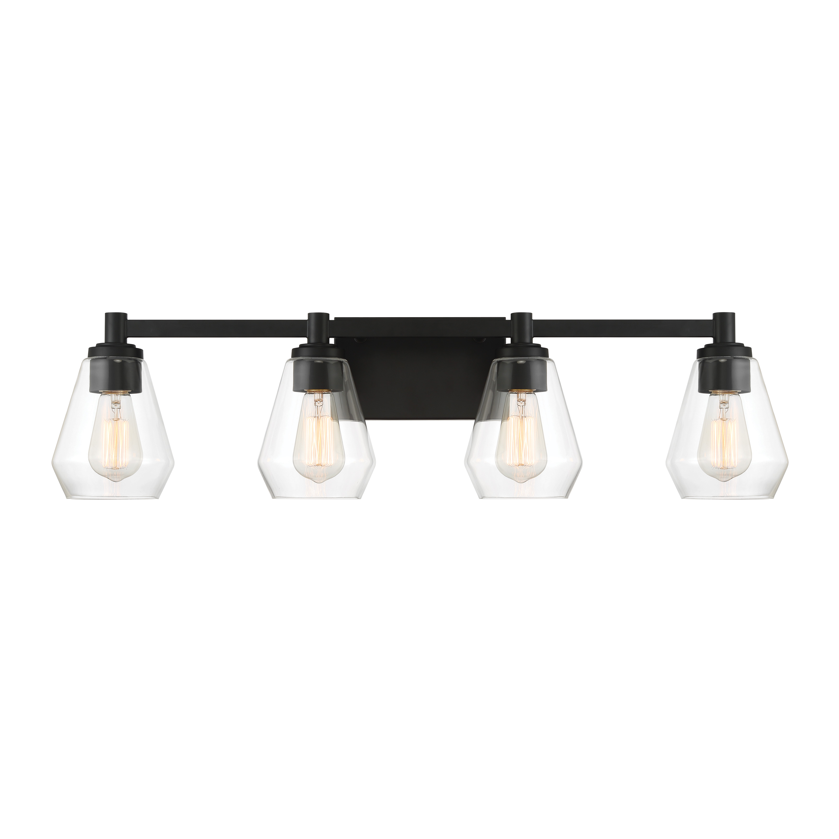 The Clarity vanity light combines sleek modern design with practical functionality. Its 32-inch width and four-light configuration provide excellent illumination for medium to large bathrooms, while the coal black finish adds contemporary sophistication. - alternate view