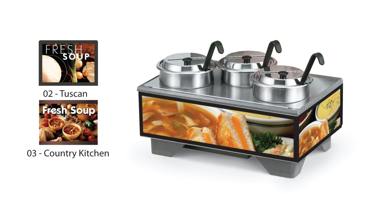 120-volt full-size soup merchandiser with 4-quart accessory kit and Country Kitchen graphics