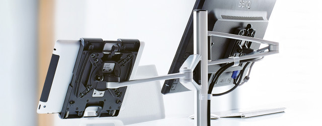 MY Twin Arm Monitor Arms Easily adjust the viewing angle and distance of dual monitors or add a MY tab for greater versatility.
