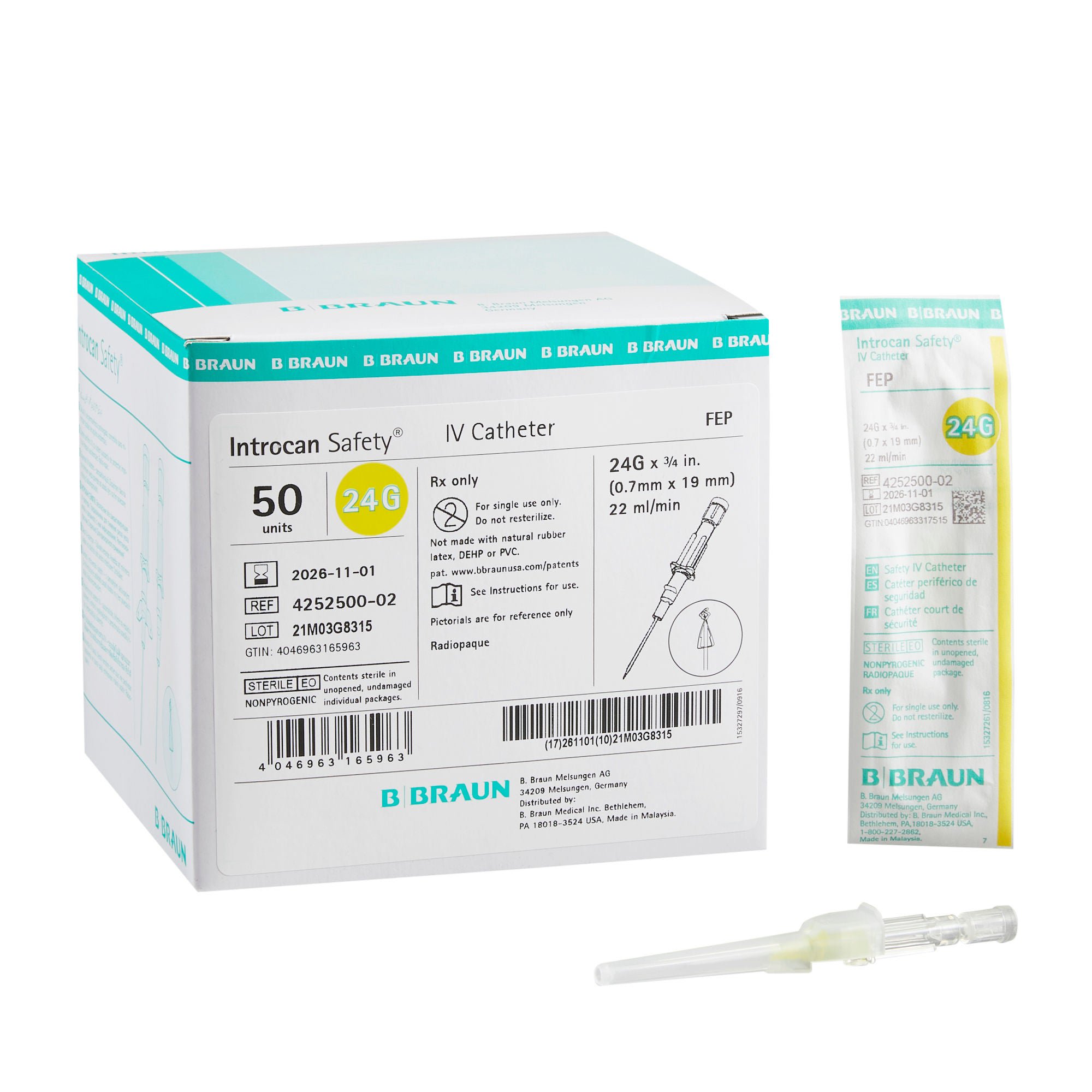 Introcan Safety® Peripheral IV Catheter, 24 Gauge, Straight