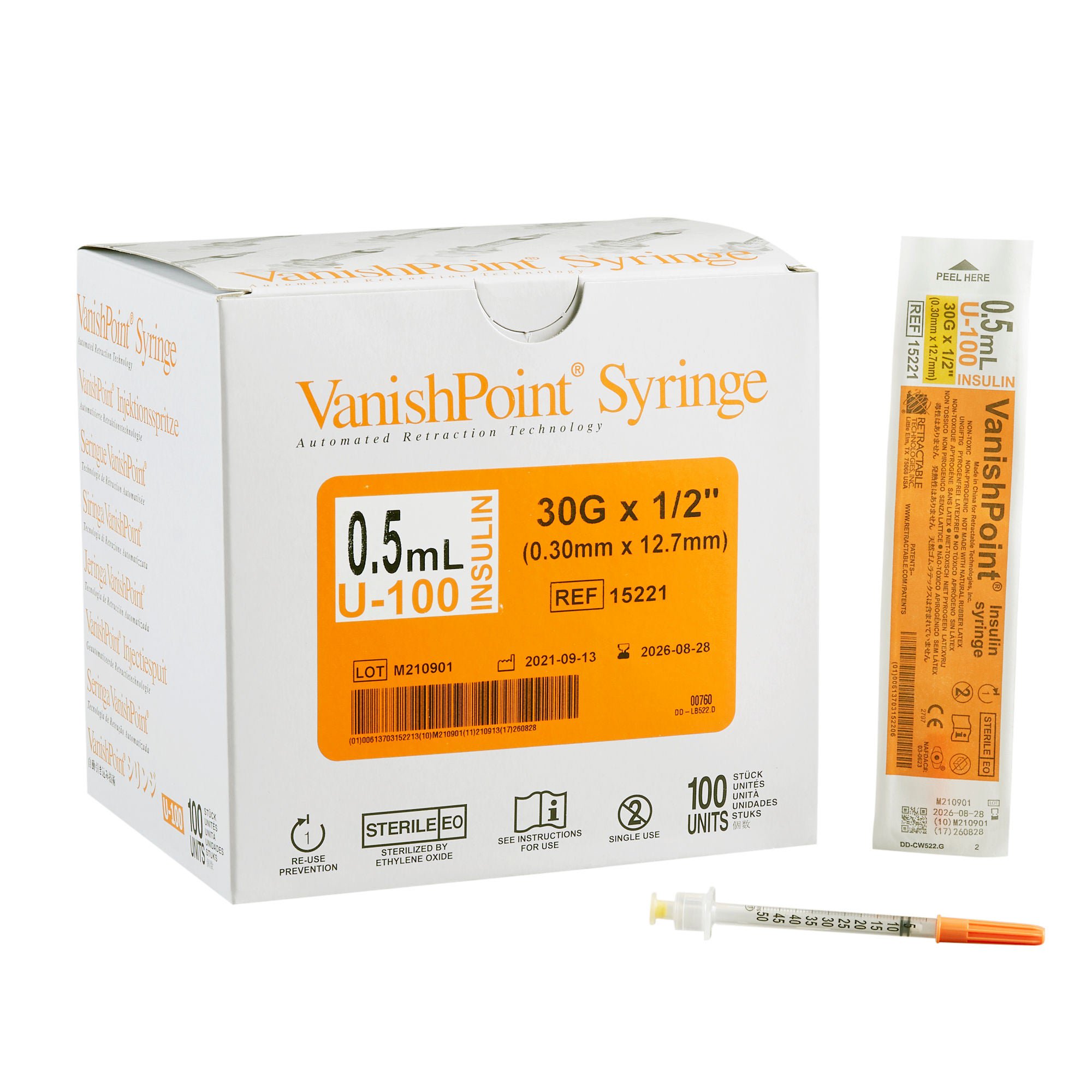 VanishPoint® 0.5 mL Insulin Syringe w/ Needle, 30 Gauge, 1/2 Inch Needle Length
