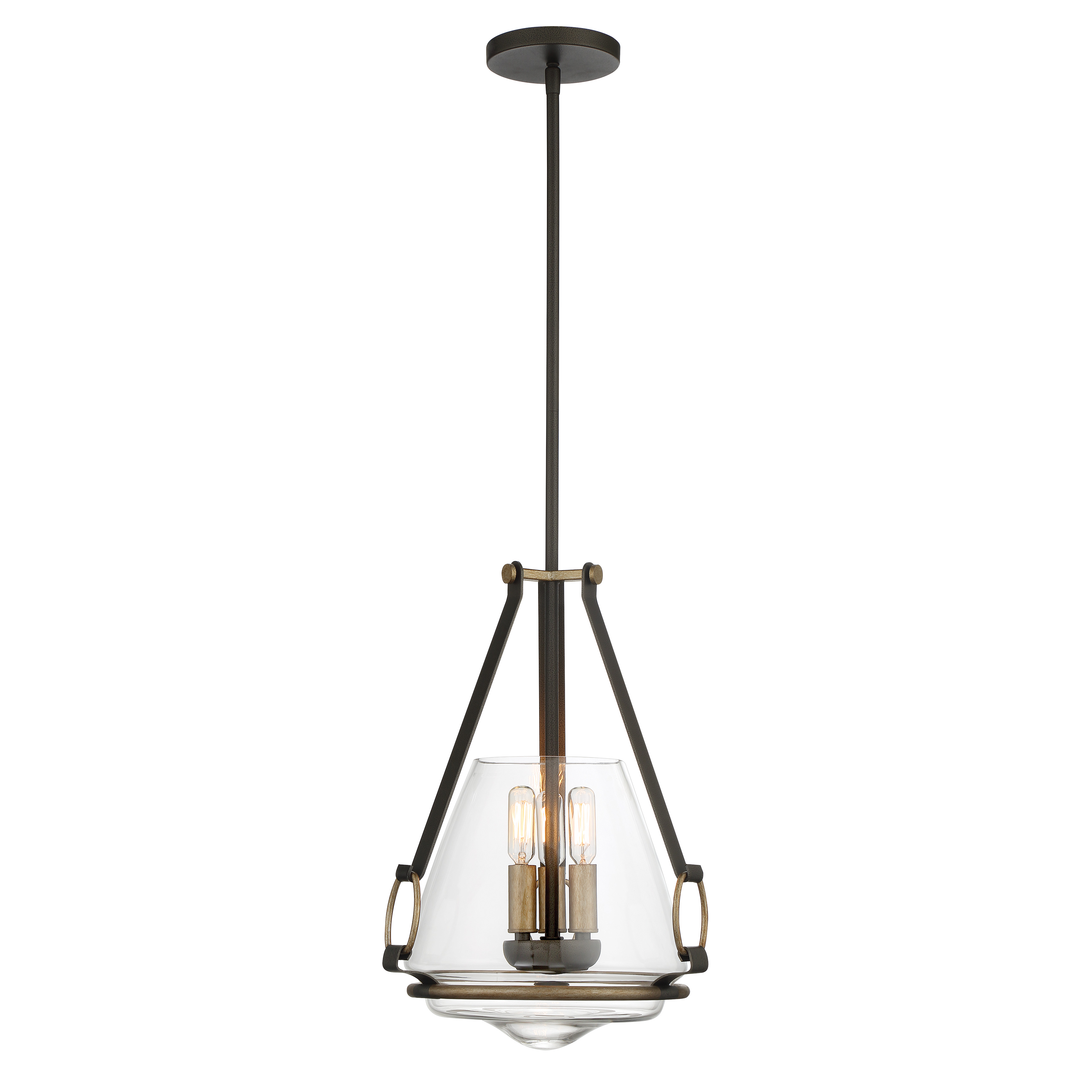 The Eden Valley pendant combines smoked iron with aged gold accents for a sophisticated industrial-modern look. Its compact 12-inch width makes it perfect for smaller spaces while clear glass shades provide ample light distribution. - alternate view