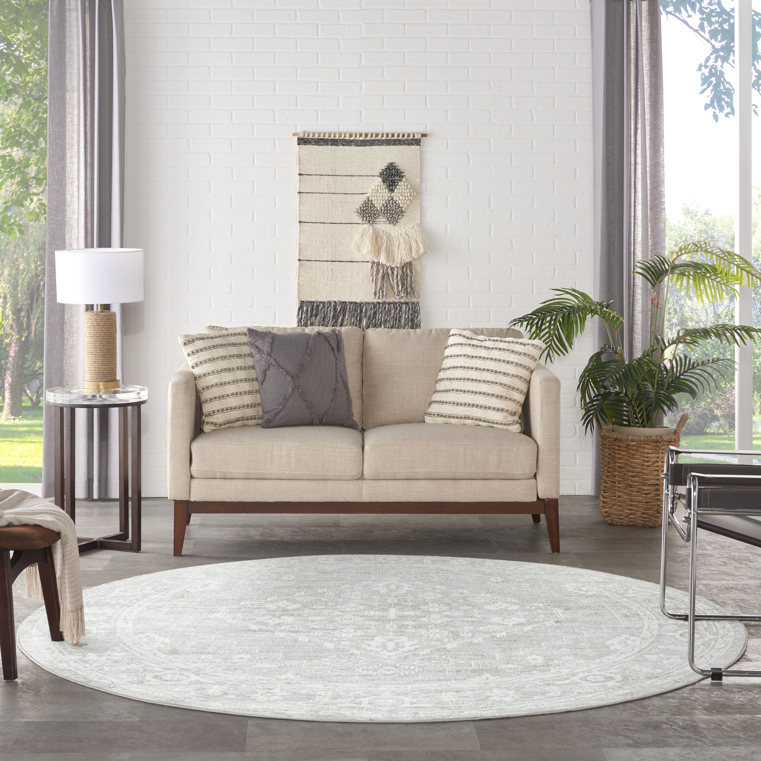 Nourison Astra Machine Washable 7'10" x Round Light Grey Vintage Indoor Rug