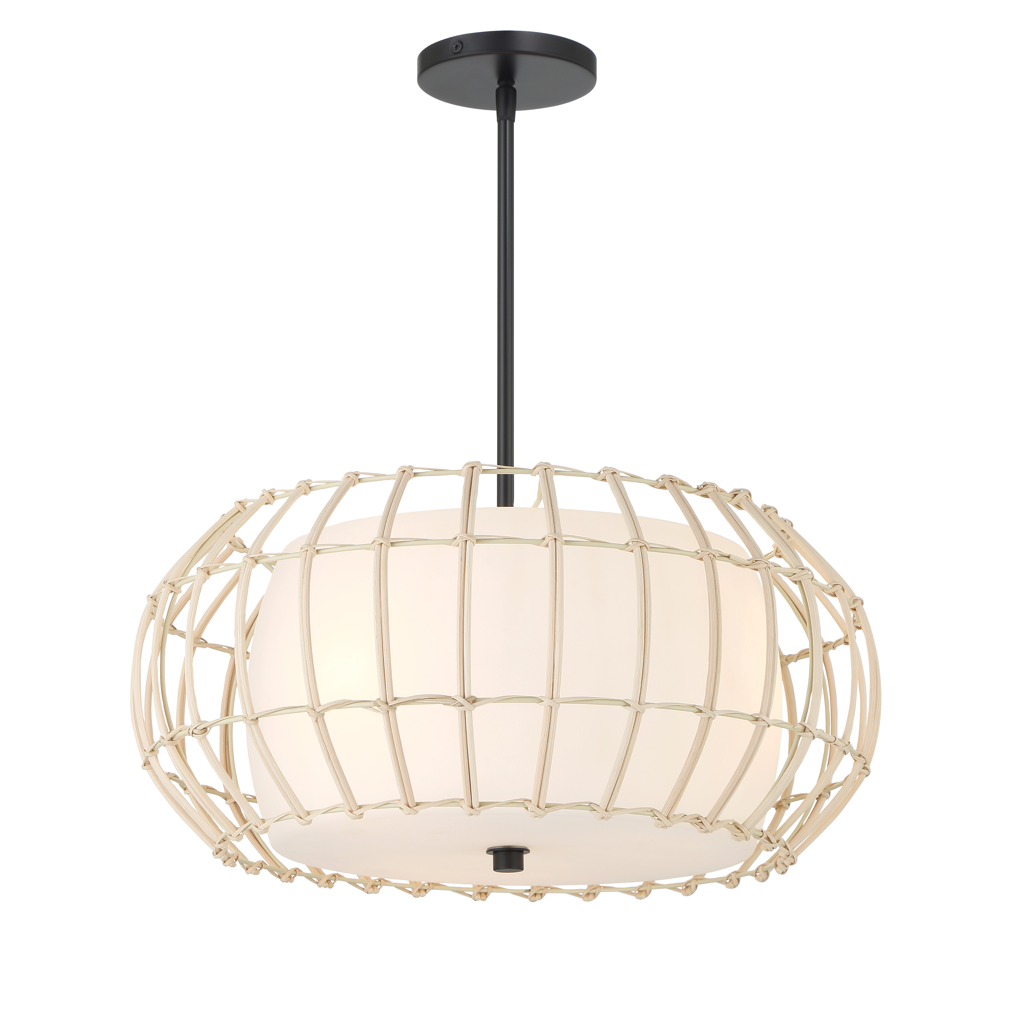Robin Baron's Watermill pendant blends organic texture with modern sophistication. The natural wicker shade creates warm, diffused light while the coal black finish adds contemporary edge. Perfect for coastal-inspired or organic modern spaces. - alternate view
