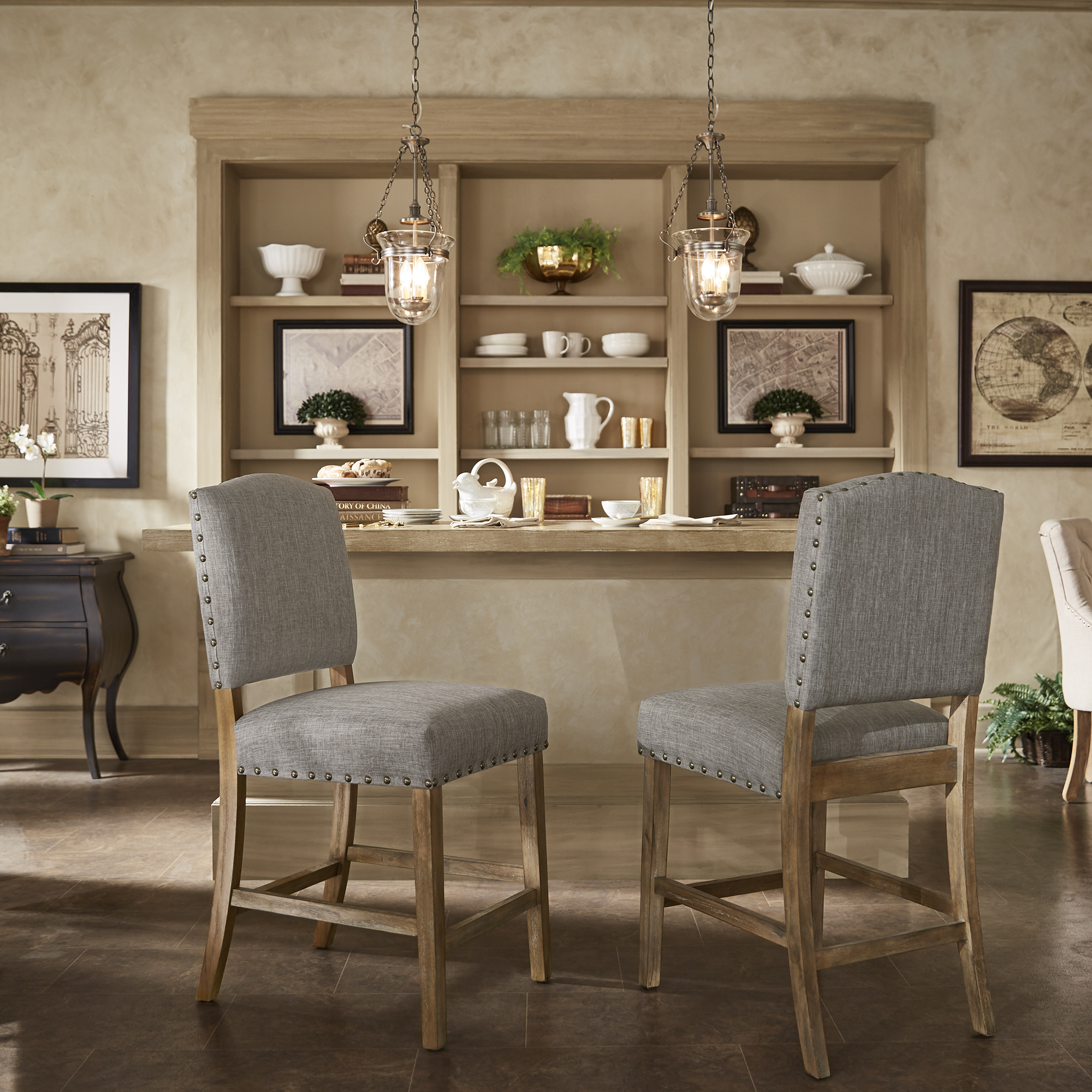 Premium Nailhead Upholstered Counter Height Chairs (Set of 2)