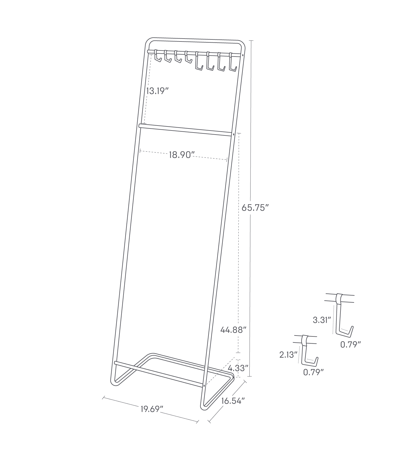 Dimension image for Coat Rack with Hat Storage showing a total height of 65.75 inches, length of 19.69 inches and width of 16.54 inches. Height from bottom rung to floor is 4.33 inches, height from bottom rung to middle rung is 44.88 inches and height from middle to top hang hanging rung is 13.19 inches. Inner length is 18.90 inches. Shorter hat hook length is 2.13 inches with a hook of 0.79 inches. Longer hook length is 3.31 inches with a hook of 0.79 inches.